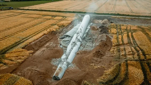 Rückbau einer Windkraftanlage: Turm liegt im Feld, Luftbild